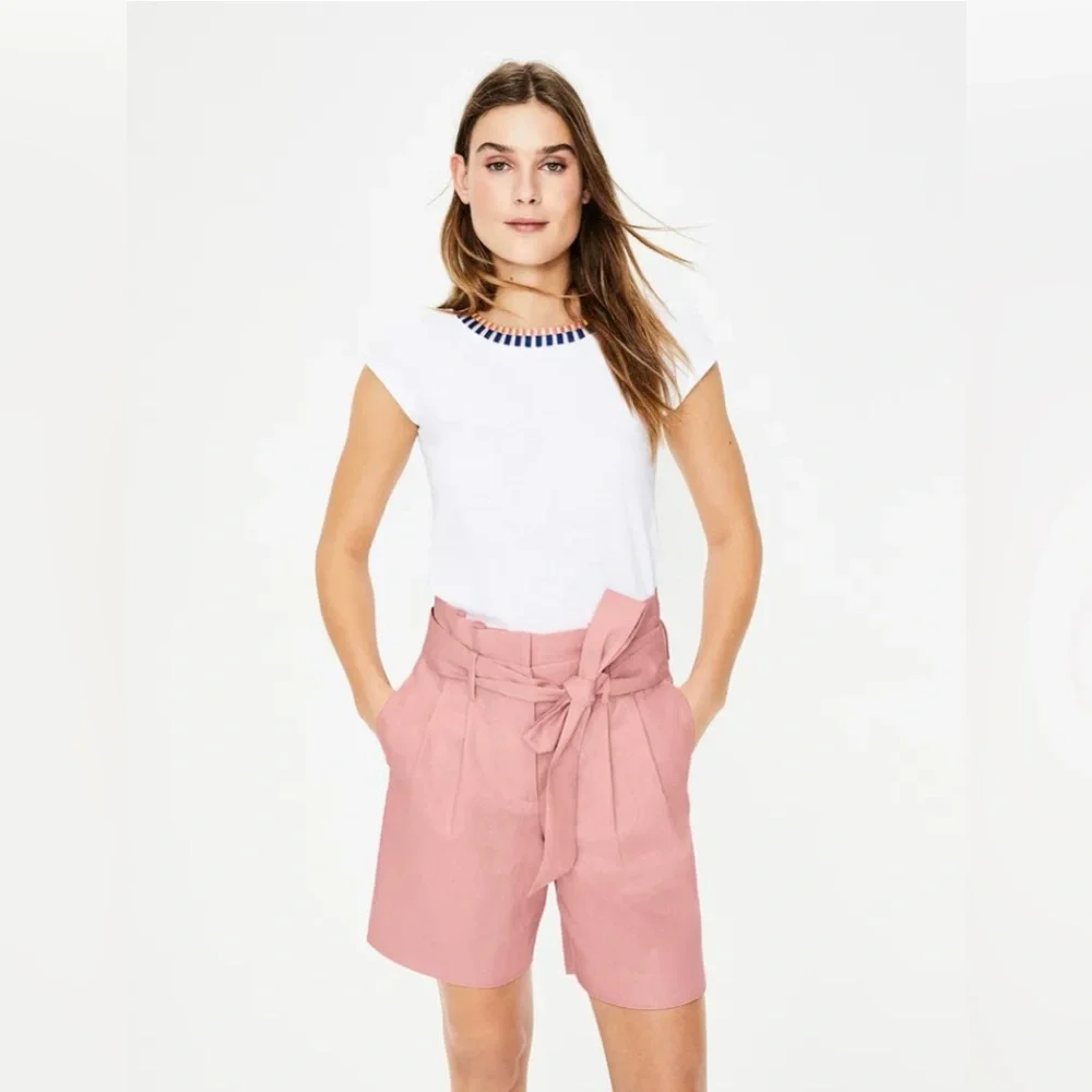 Classic Boden St Ives Linen Paper Bag Shorts Size 12 Pink Belted Pockets - Picture 2 of 5